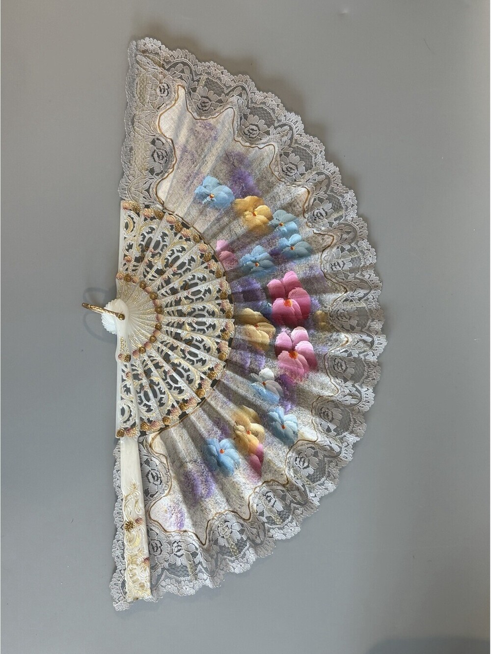 Antique Victorian Celluloid Lace & Hand Painted Flowers Folding Hand Fan